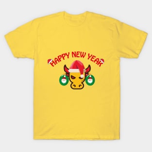 Christmas illustration depicting a bull and Christmas tree decorations on his horns T-Shirt